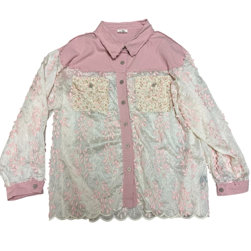 POL Pink Floral Scalloped Button Up Shirt Size‎ L Oversized Boho
